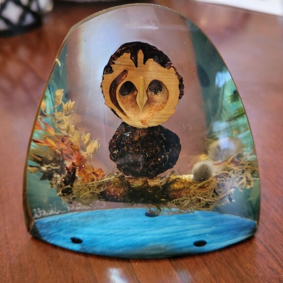 Handcrafted Resin Owl Figurine With Natural Wood & Dried Botanicals Encased In C - Picture 1 of 6